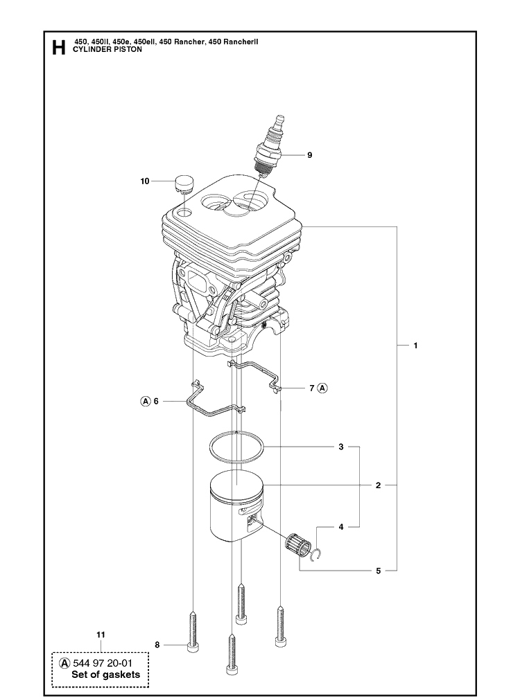 Cylinder Piston Diagram and Parts List for 450 450II-450E-450EII-450 RANCHER-450 RANCHERII Husqvarna Chainsaw