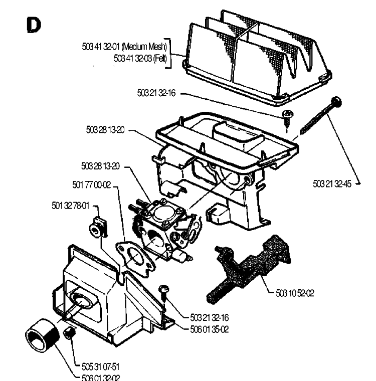 Carburetor And Air Filter Diagram and Parts List for 40 19902200001-19912200000 Husqvarna Chainsaw