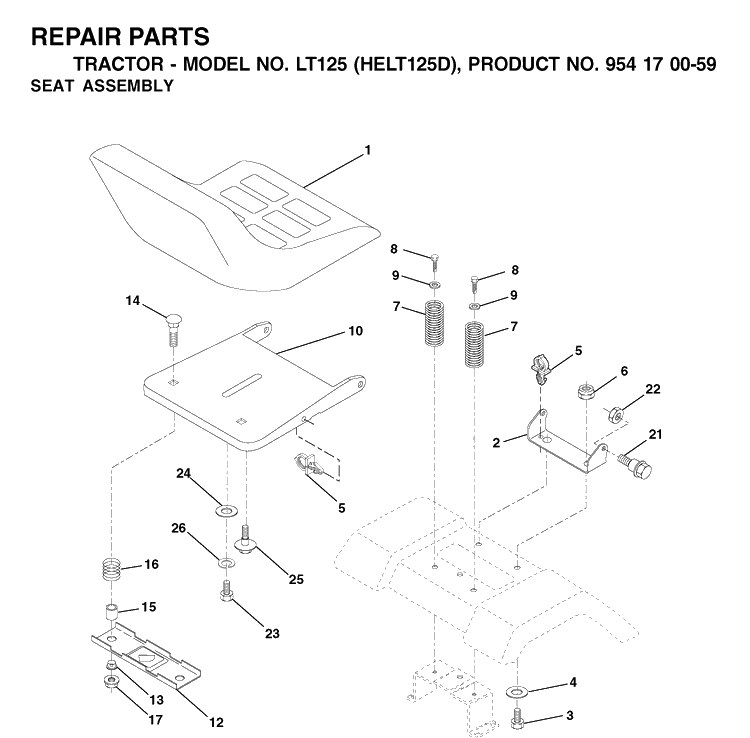 Seat Diagram and Parts List for LT125 (HELT125D)(2002-06) Husqvarna Lawn Tractor