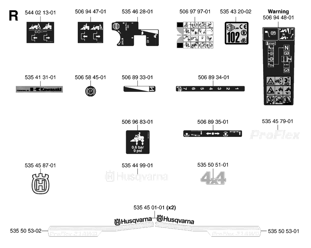 Decals Diagram and Parts List for PF21AWD (953536501)(2005-04) Husqvarna Lawn Tractor
