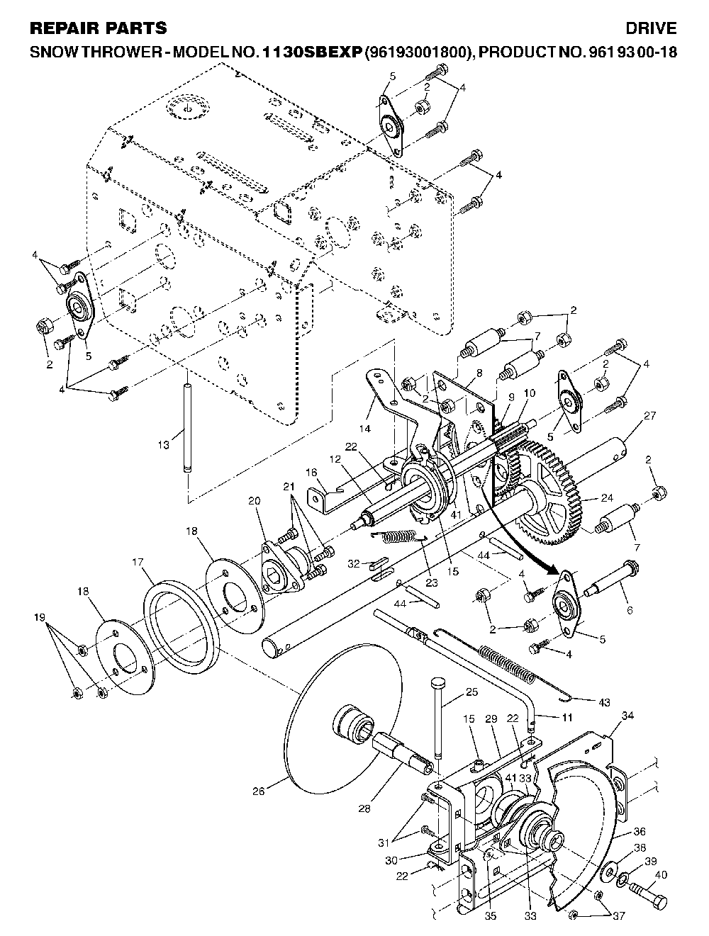 Drive Diagram and Parts List for 1130SBEXP (96193001800, 961930018)(2006-10) Husqvarna Snow Blower