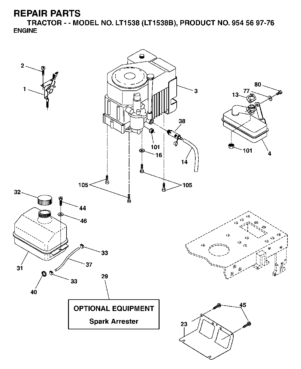 Engine Diagram and Parts List for LT1538 (LT1538B, 954569776)(2002-11) Husqvarna Lawn Tractor