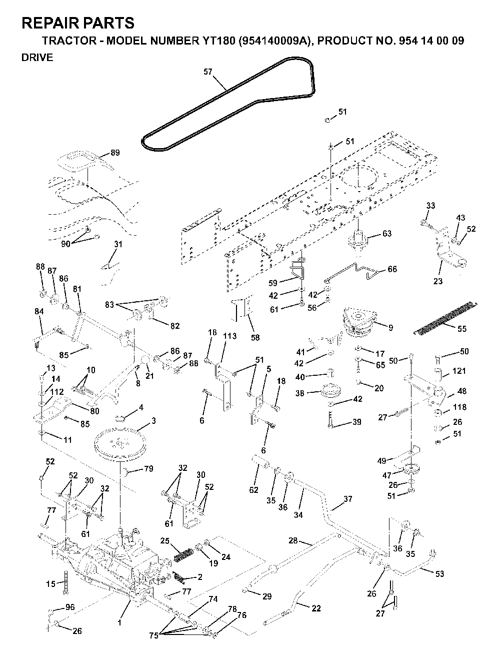 Drive Diagram and Parts List for YT180 (954140009A)(1997-01) Husqvarna Lawn Tractor