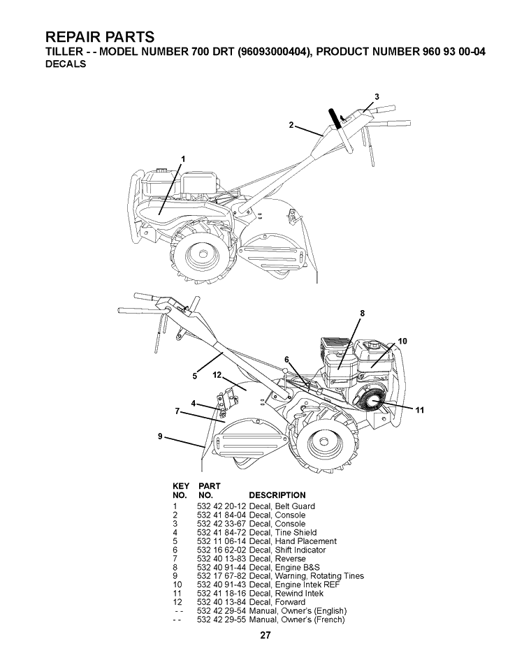 Decals Diagram and Parts List for 700DRT 2008-11 Husqvarna Cultivator