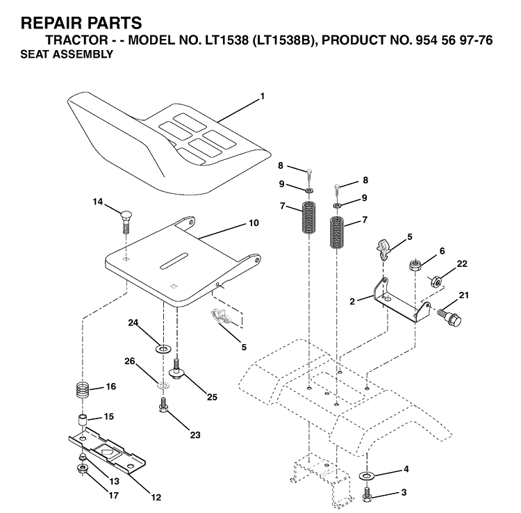 Seat Diagram and Parts List for LT1538-LT1538B 2002-11 Husqvarna Lawn Tractor
