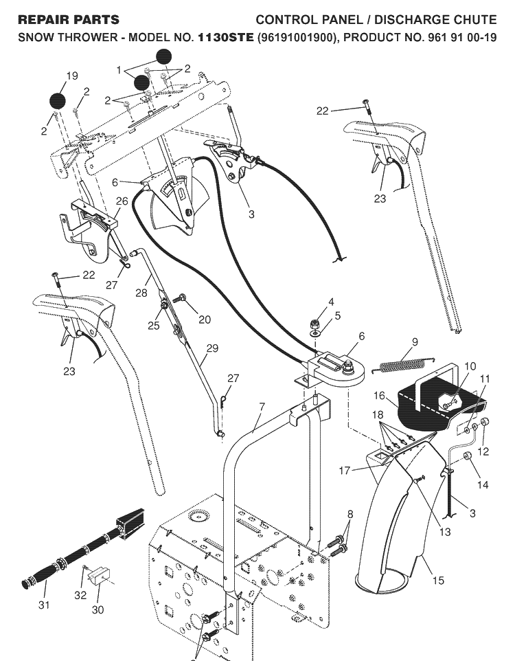 Control Panel And Discharge Chute Diagram and Parts List for 1130STE (96191001900)(2007-07) Husqvarna Snow Blower