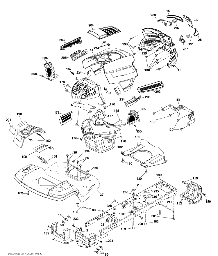 Chassis / Frame Diagram and Parts List for YTH24V48LS (96048001402)(2012-08) Husqvarna Lawn Tractor