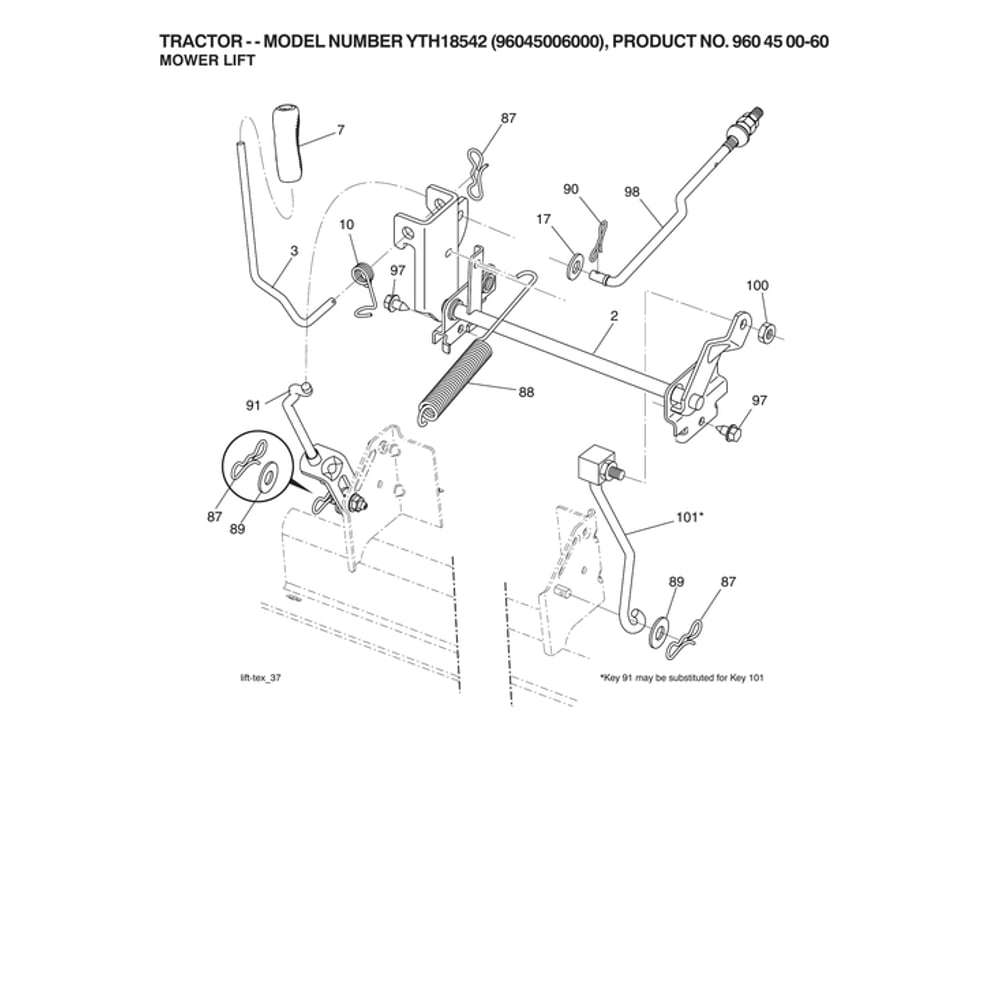 Mower Lift Diagram and Parts List for 96045006000  Husqvarna Lawn Tractor