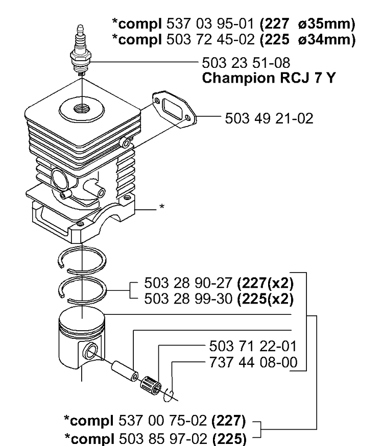 Piston/Cylinder Diagram and Parts List for 225L 2000-10 Husqvarna Trimmer