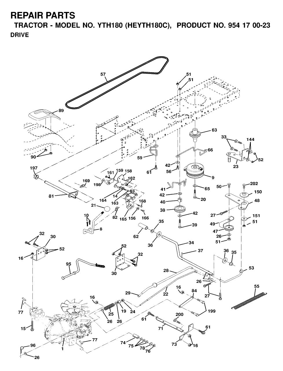 Drive Diagram and Parts List for YTH180 (954170023-C)(2000-03) Husqvarna Lawn Tractor