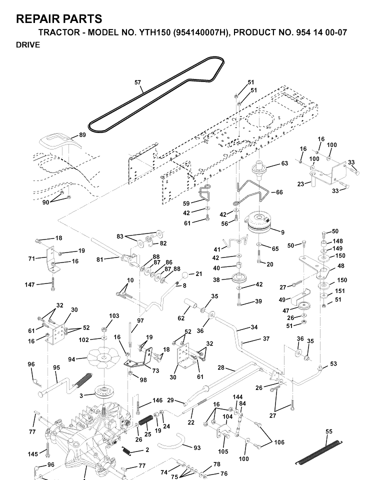 Drive Diagram and Parts List for YTH150 (954140007H)(1998-09) Husqvarna Lawn Tractor