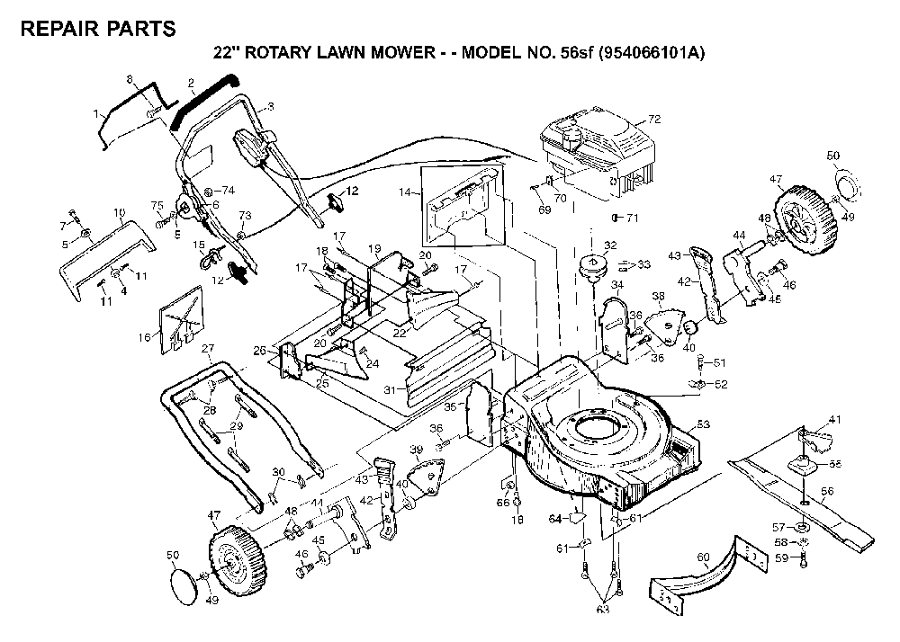 Repair Parts Diagram and Parts List for 56SF (954066101A)(1994-01) Husqvarna Lawn Mower
