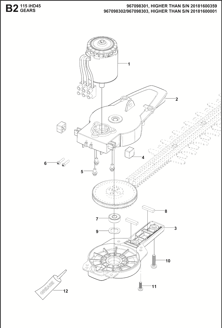 Gears Diagram and Parts List for 115IHD45 (967098301)(967098303) Husqvarna Hedge Trimmer