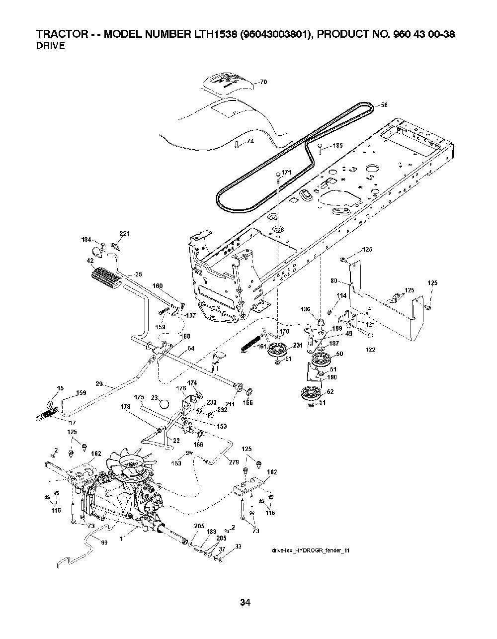Drive Diagram and Parts List for LTH153896043003801 2007-08 Husqvarna Lawn Tractor