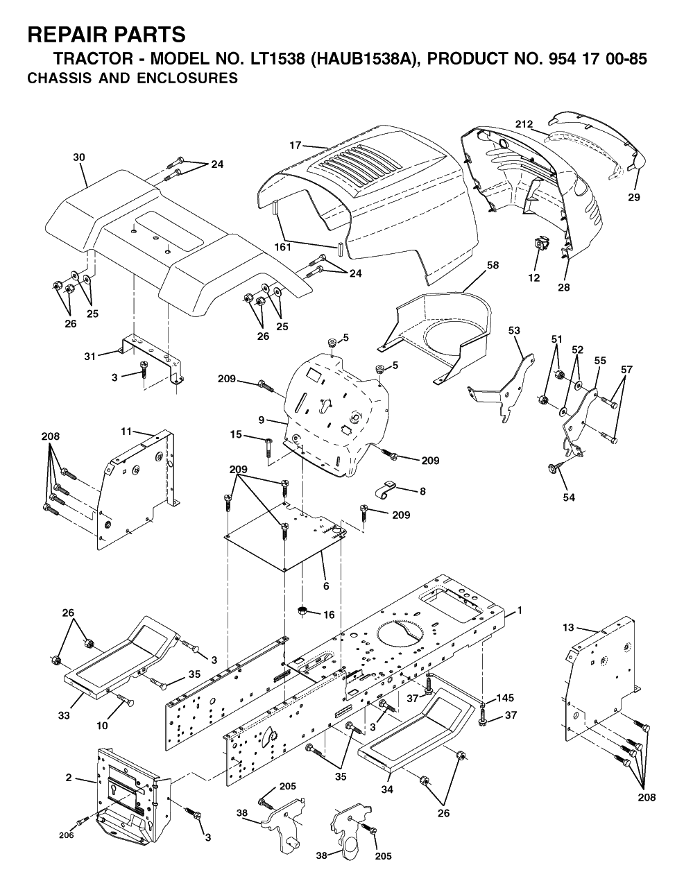 Chassis And Enclosures Diagram and Parts List for LT1538 (954170085-A)(2003-01) Husqvarna Lawn Tractor
