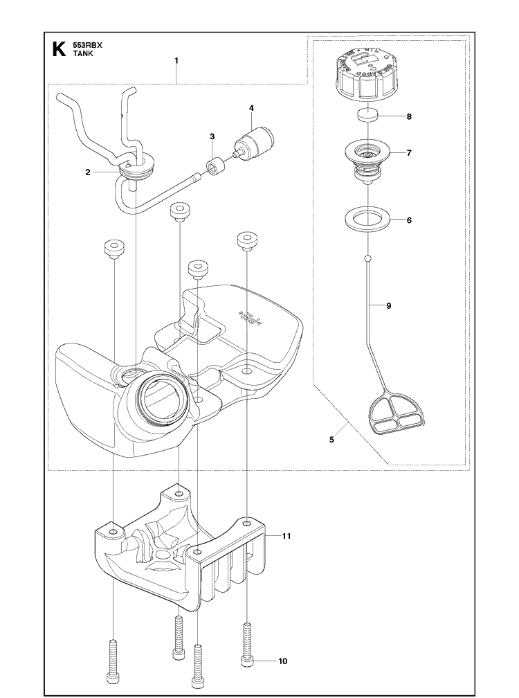 Fuel Tank Diagram and Parts List for 553RBX 20123200001-20180500000 Husqvarna Brush Cutter