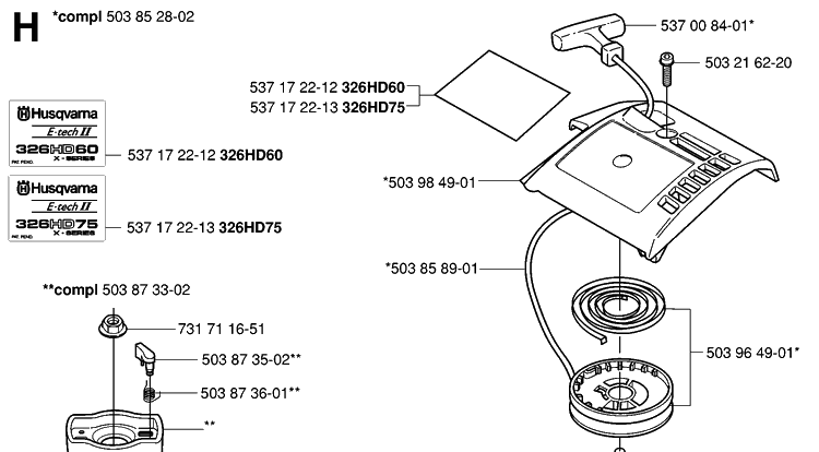 Starter Diagram and Parts List for 326HD75 (X-SERIES)(20020500001-20030100000) Husqvarna Hedge Trimmer