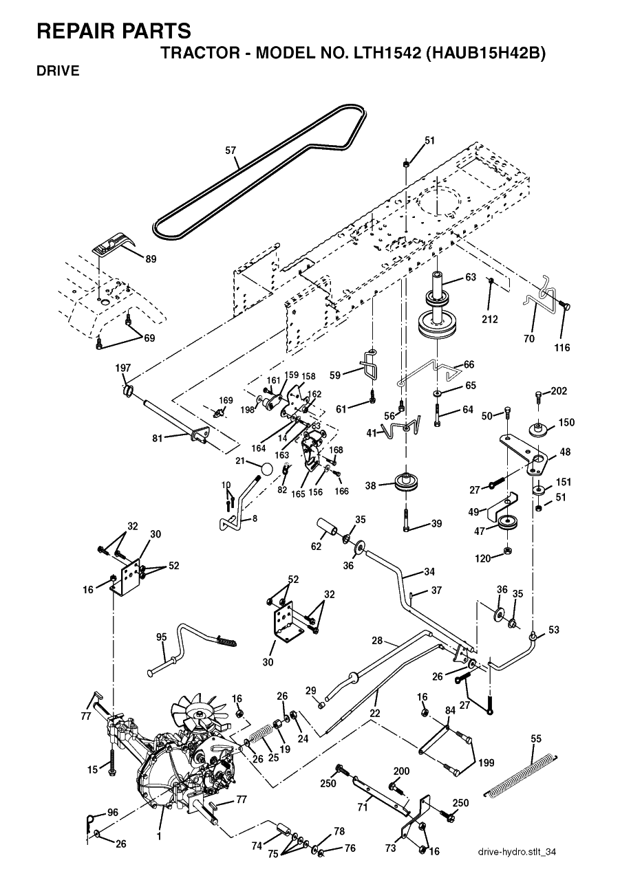Drive Diagram and Parts List for LTH1542 (954170086-B)(2004-01) Husqvarna Lawn Tractor