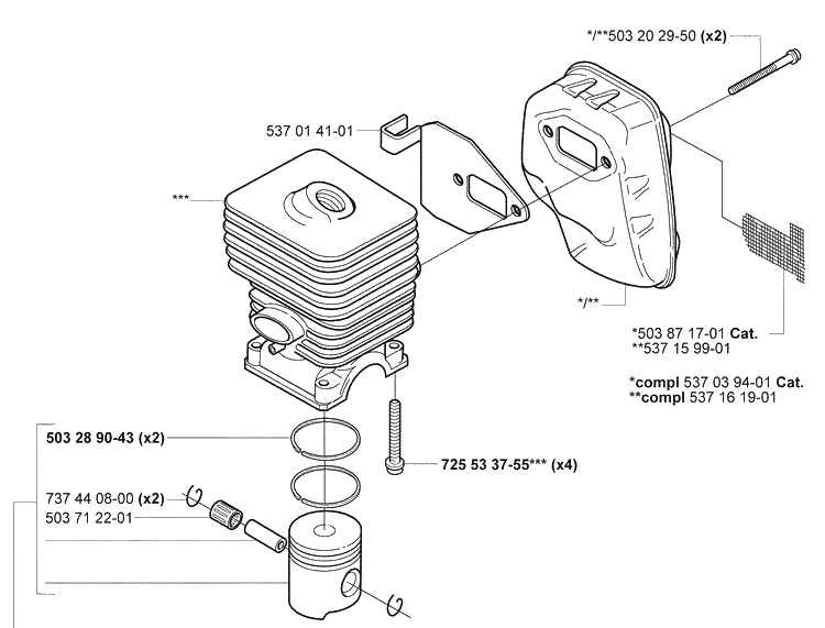 Piston/Cylinder Diagram and Parts List for 325RDX 2005-05 Husqvarna Brush Cutter