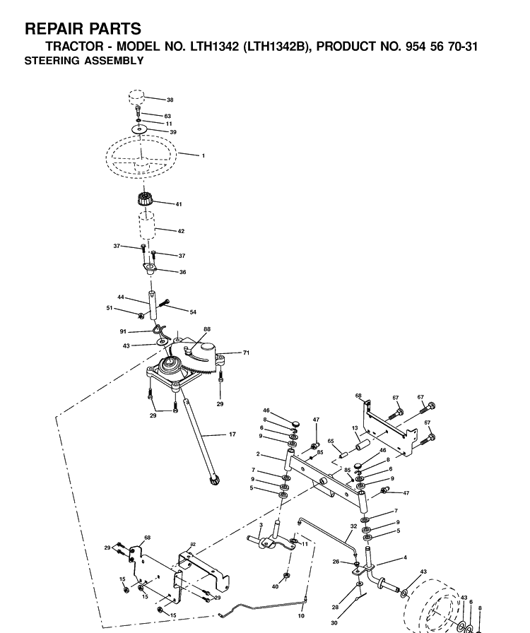 Steering Diagram and Parts List for LTH1342-LTH1342B 2000-12 Husqvarna Lawn Tractor
