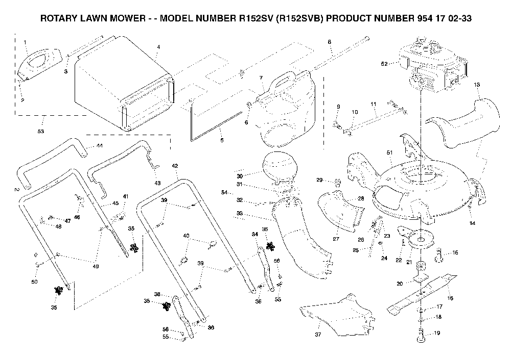 Frame And Engine Diagram and Parts List for R152SV (R152SVB, 954170233)(2004-10) Husqvarna Lawn Mower