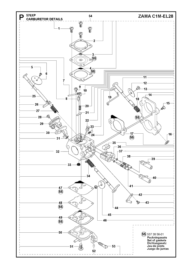 Carburetor Details Diagram and Parts List for 576XP-576XPEPA 20100100001-20110100000 Husqvarna Chainsaw