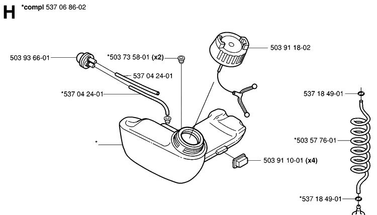 Fuel Tank Diagram and Parts List for 323HE3 20050600001-20053600000 Husqvarna Hedge Trimmer