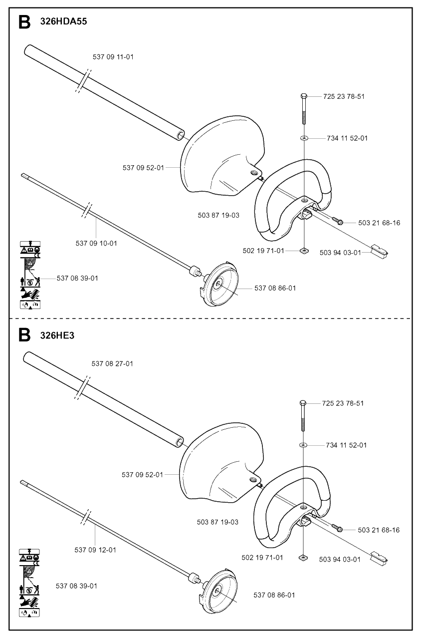 Shaft And Handle Diagram and Parts List for 326HE4X 20013500001 - 20033100000 Husqvarna Hedge Trimmer