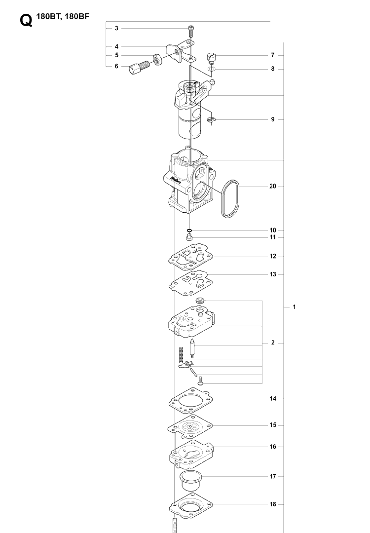 Carburetor Details Diagram and Parts List for 180BF 20084000001-Current Husqvarna Leaf Blower / Vacuum