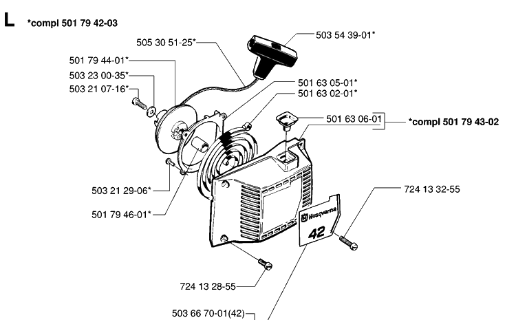 Starter Diagram and Parts List for 42 19944900001-19950600000 Husqvarna Chainsaw