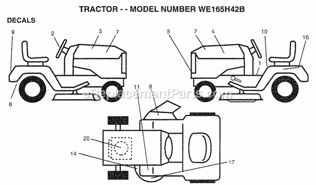 Decals Diagram and Parts List for WE165H42B 1998 Husqvarna Lawn Tractor