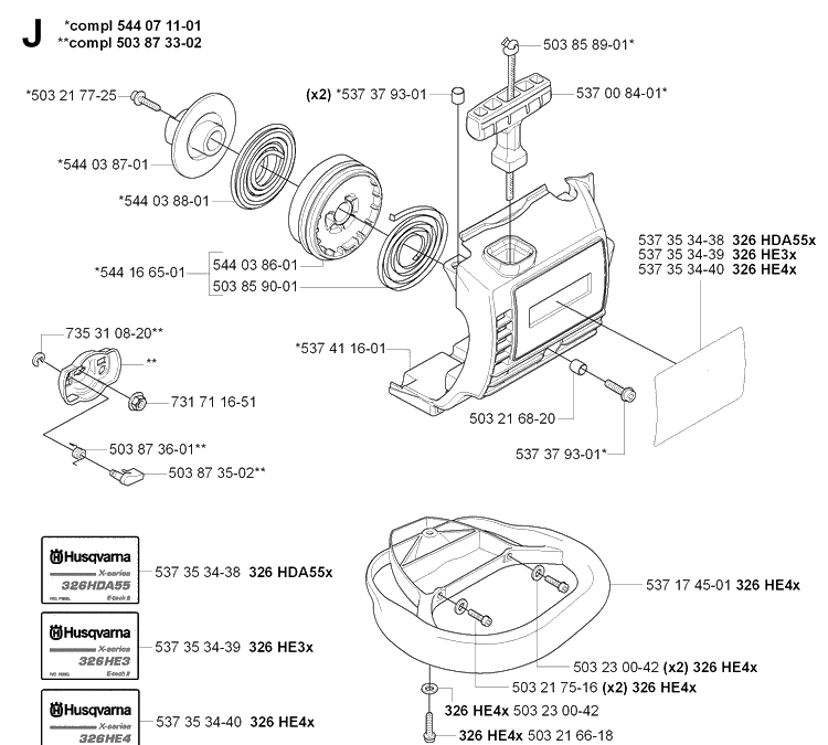 Starter Diagram and Parts List for 326HE3 (X-SERIES)(20090900001-Current) Husqvarna Hedge Trimmer