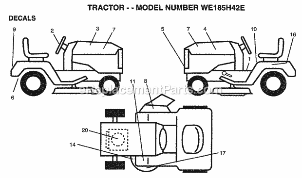 Decals Diagram and Parts List for WE185H42E 1998 Husqvarna Lawn Tractor