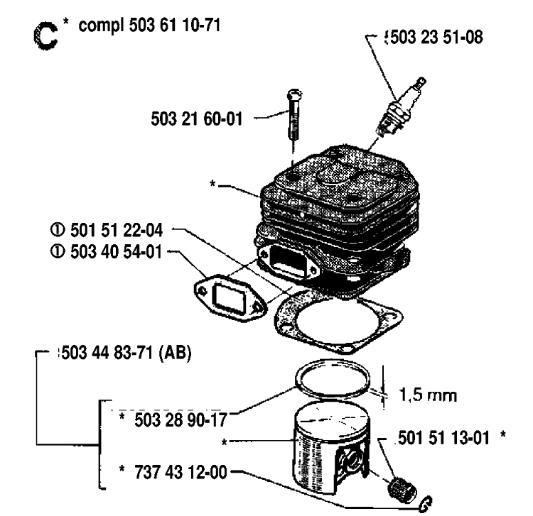 Cylinder Piston Diagram and Parts List for 268 19910500001-19933600000 Husqvarna Chainsaw