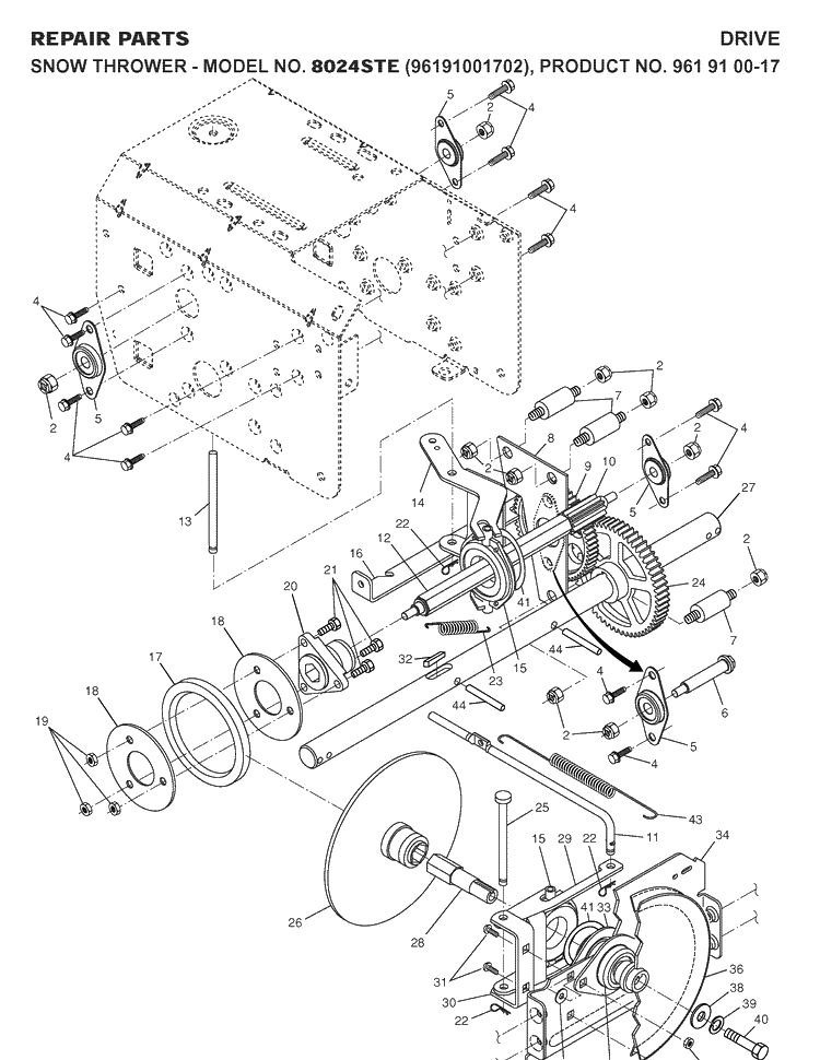 Drive Diagram and Parts List for 8024STE (96191001702)(2007-10) Husqvarna Snow Blower