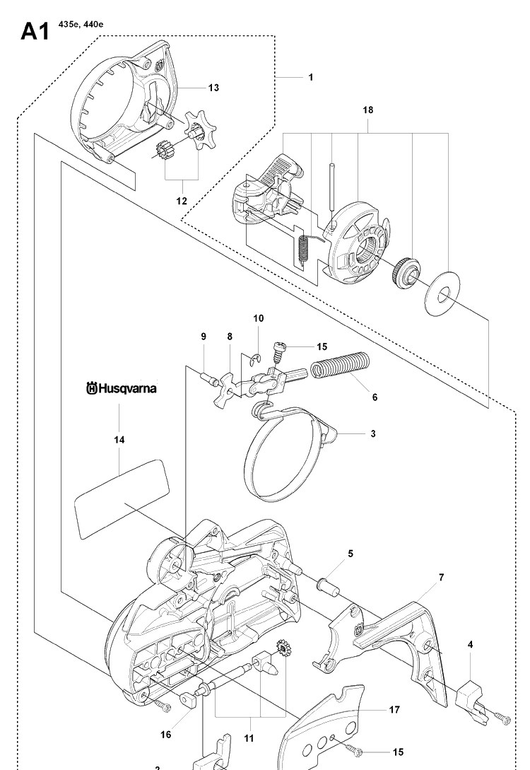 Chain Brake And Clutch Cover Diagram and Parts List for 435E 20081800001-20090400000 Husqvarna Chainsaw