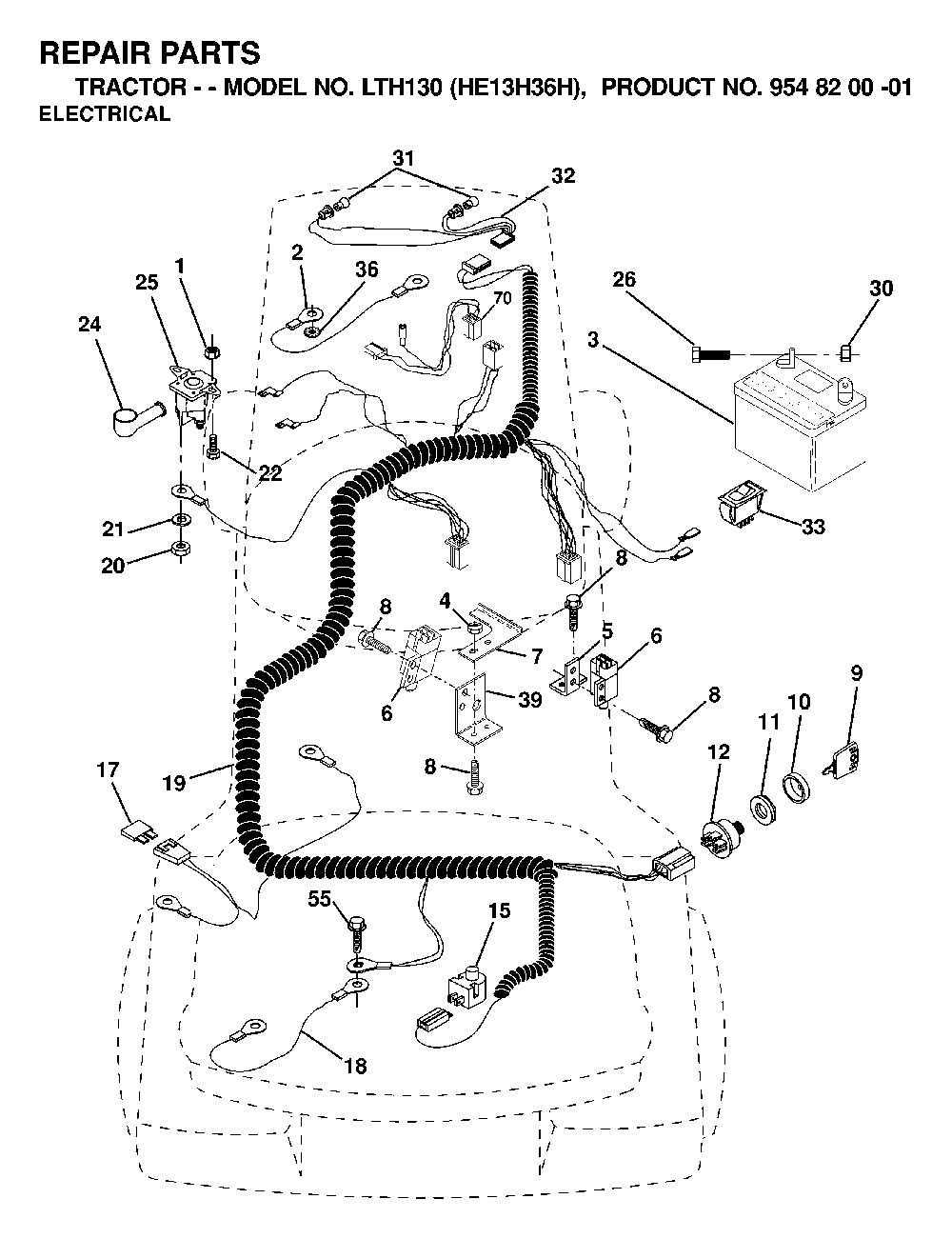 Electrical Diagram and Parts List for LTH130 (HE13H36H, 954820001)(2000-02) Husqvarna Lawn Tractor