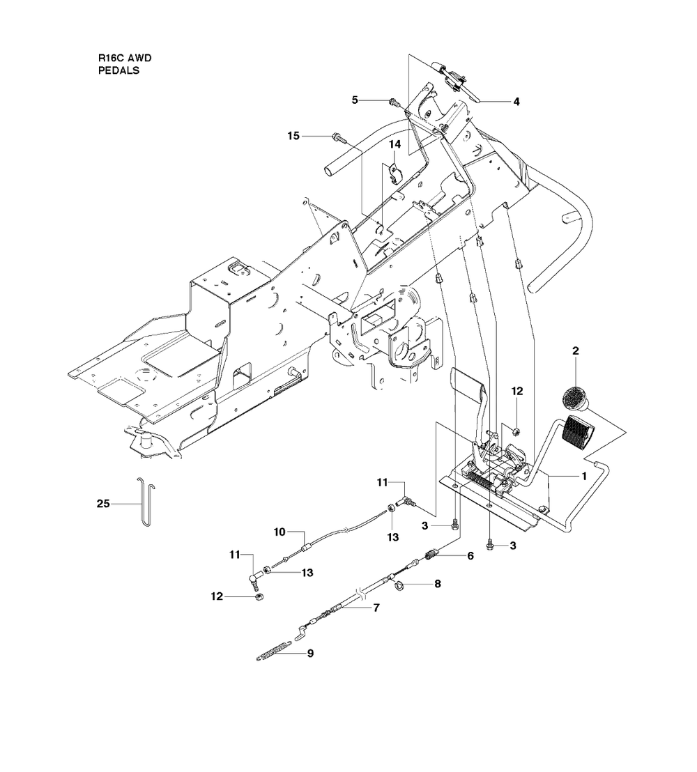 Pedals Diagram and Parts List for R16CAWD (966830301)(2010-07) Husqvarna Lawn Tractor