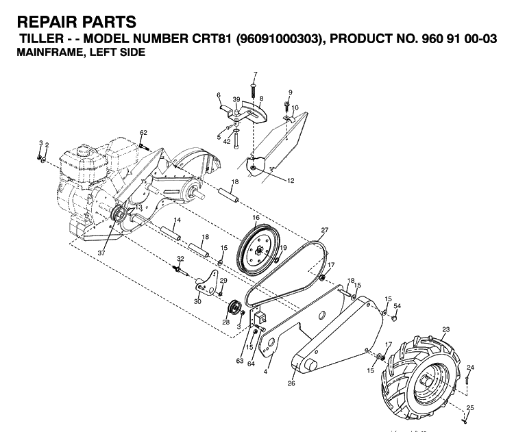 Mainframe, Left Side Diagram and Parts List for CRT81 (96091000303)(2007-02) Husqvarna Cultivator