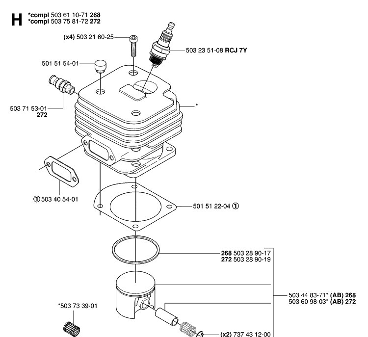 Cylinder Piston Diagram and Parts List for 272XP 20070100001-20091400000 Husqvarna Chainsaw