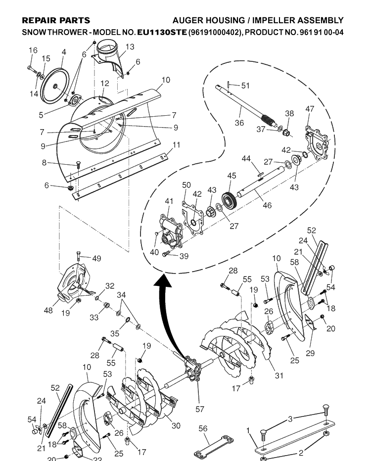 Auger Housing And Impeller Diagram and Parts List for 1130STE (96191000402)(2007-01) Husqvarna Snow Blower