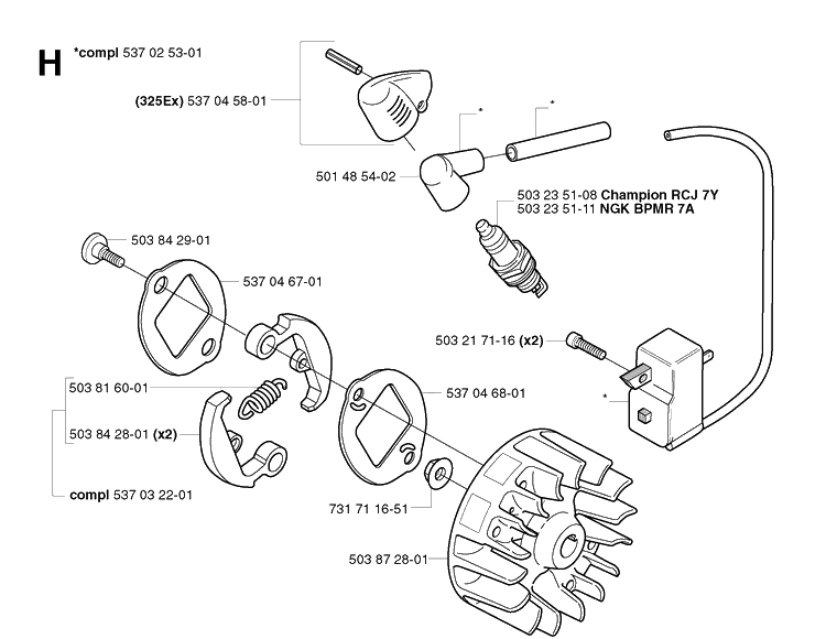 Ignition System Diagram and Parts List for 325E 20020900001-Current Husqvarna Edger