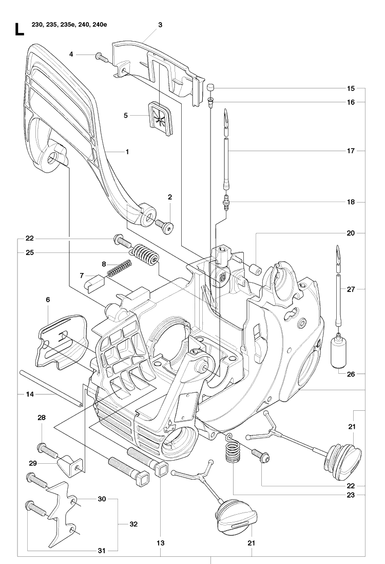 Chassis And Enclosures Diagram and Parts List for 240E 20091400001-20101400000 Husqvarna Chainsaw