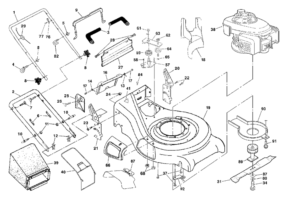 Handle And Deck Assembly Diagram and Parts List for 5521RS (954223470-E)(2004-07) Husqvarna Lawn Mower
