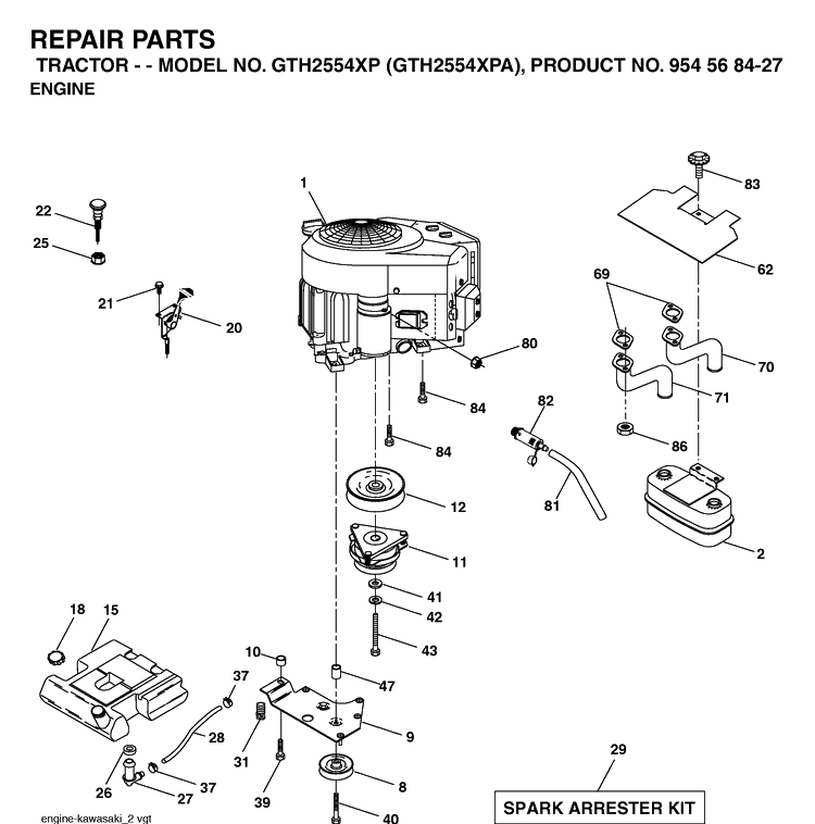 Engine Diagram and Parts List for GTH2554XP-GTH2554XPA 2004-08 Husqvarna Lawn Tractor