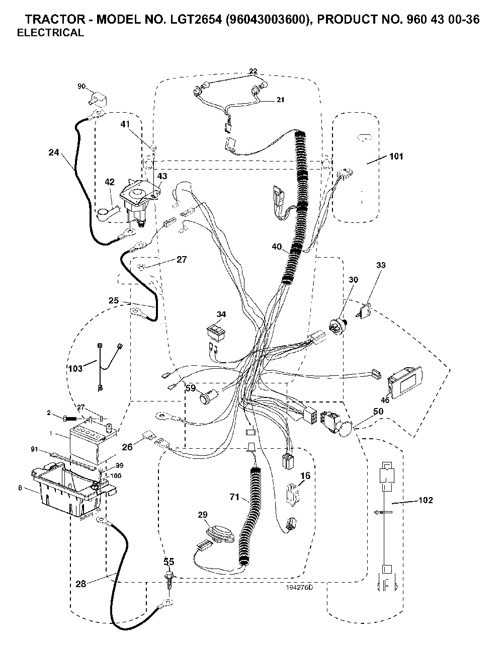 Electrical Diagram and Parts List for LGT2654 (96043003600, 960430036)(2006-12) Husqvarna Lawn Tractor