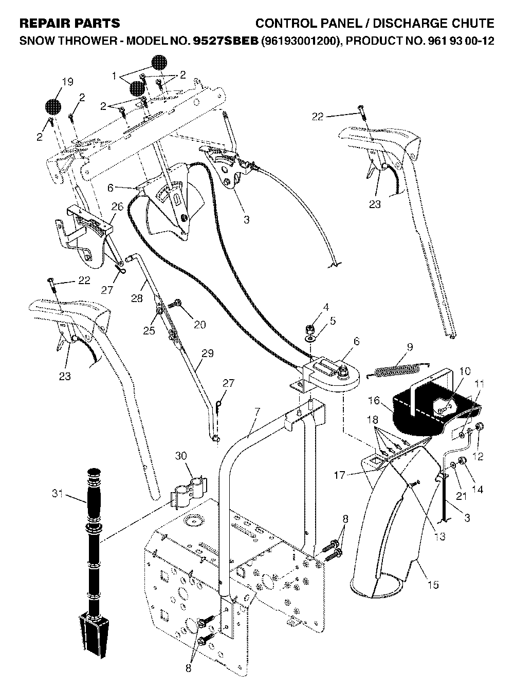 Control Panel And Discharge Chute Diagram and Parts List for 9527SBEB (96193001200, 961930012)(2005-12) Husqvarna Snow Blower