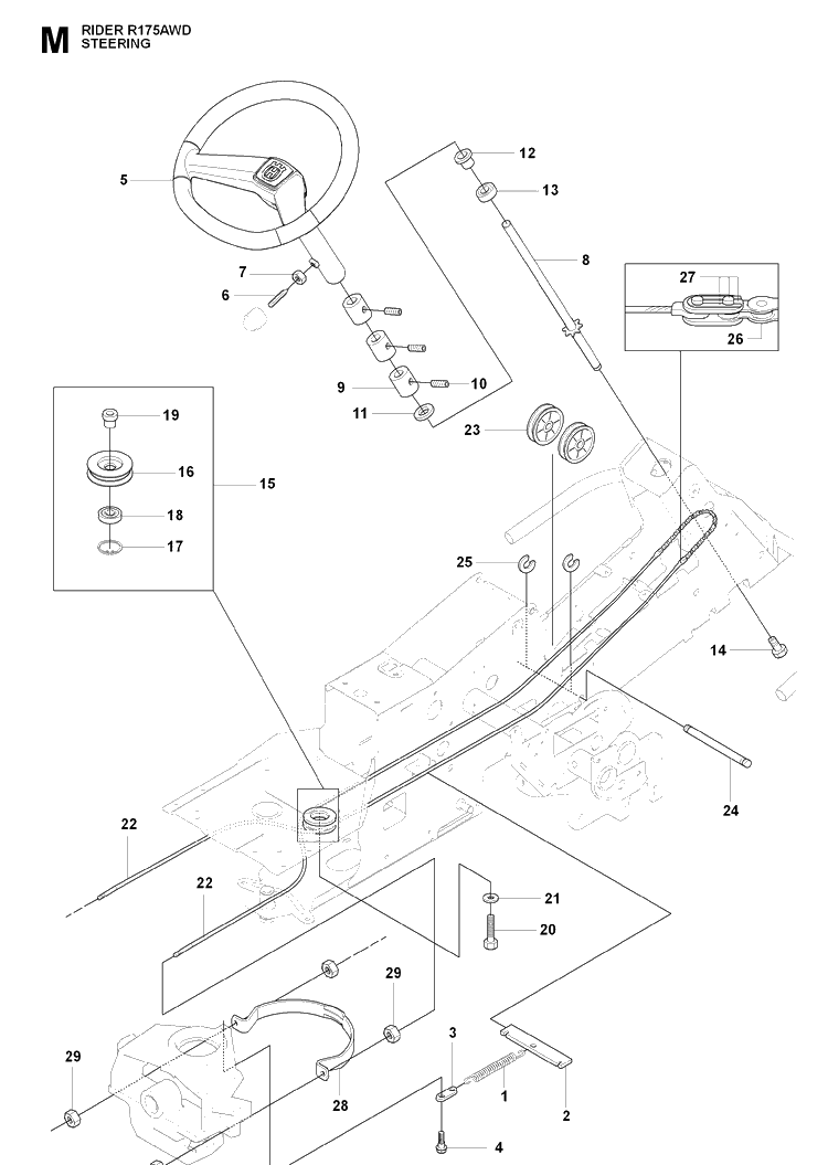 Steering Diagram and Parts List for RIDER175AWD (965105001)(2009-04) Husqvarna Lawn Mower
