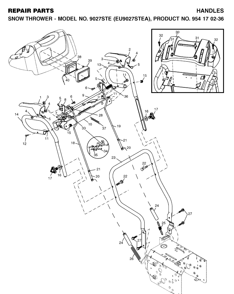 Handle Diagram and Parts List for 9027STE (EU9027STEA)(2004-09) Husqvarna Snow Blower
