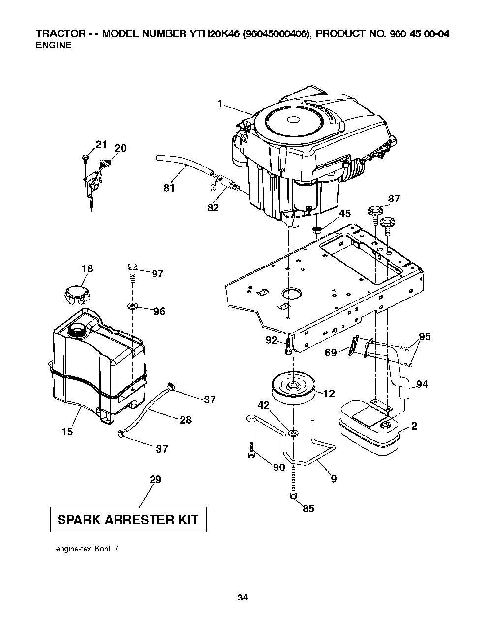 Engine Diagram and Parts List for YTH20K4696045000406 2008-03 Husqvarna Lawn Tractor